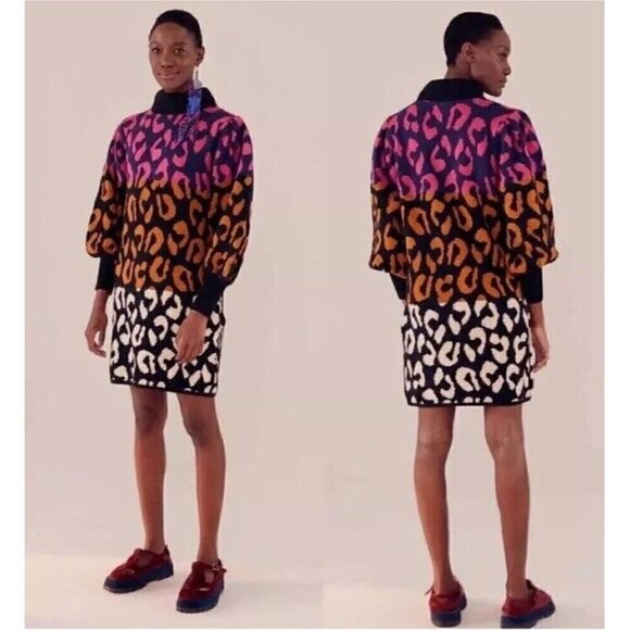 FARM Rio Dresses & Skirts - Farm Rio Mixed Leopards Sweater Dress Women's Sz S Pink Blue Orange Black White